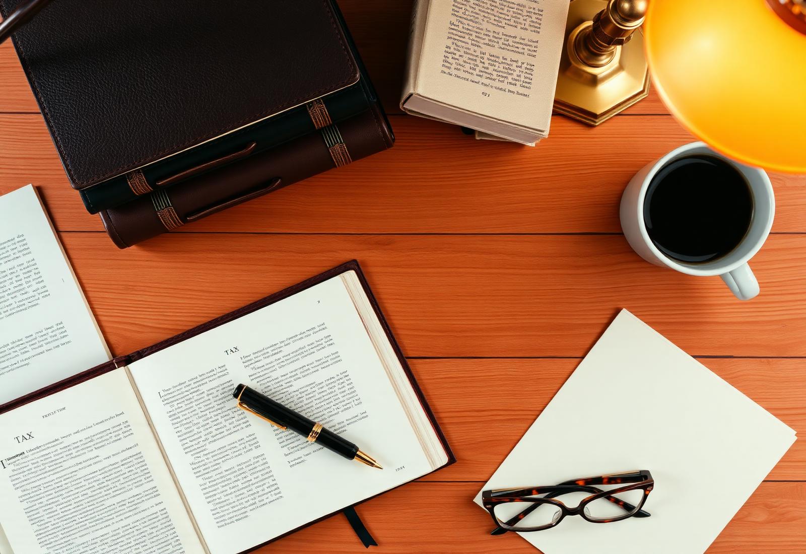 Open tax book, fountain pen, coffee, and reading glasses on a warm wooden desk