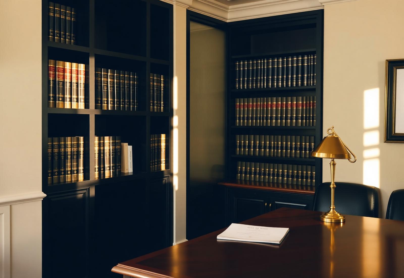Quiet CPA office corner with dark navy bookshelves, brass banker's lamp, and a wooden desk